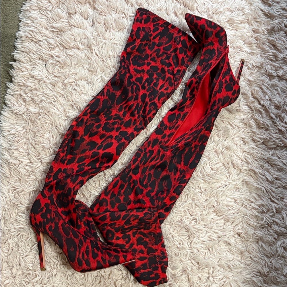 Red Leopard Print Thigh-High Boots